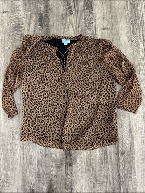 CeCe Brown and Black Leopard Print Lace-Up Blouse